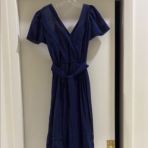 Albert Nipon Blue Midi V-Neck Dress with Short Sleeves includes slip and belt